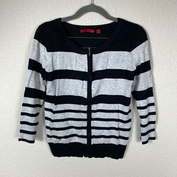 Red Full Zip Long Sleeve Striped Sweater Cardigan Black and Gray Sz M - Picture 1 of 9